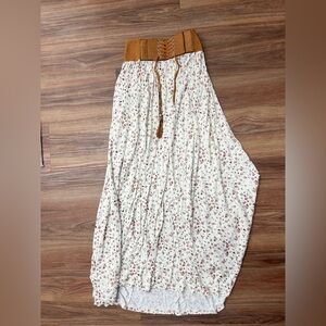 Ardene Floral Maxi Skirt with Tan Waistband Waist Belt Tied